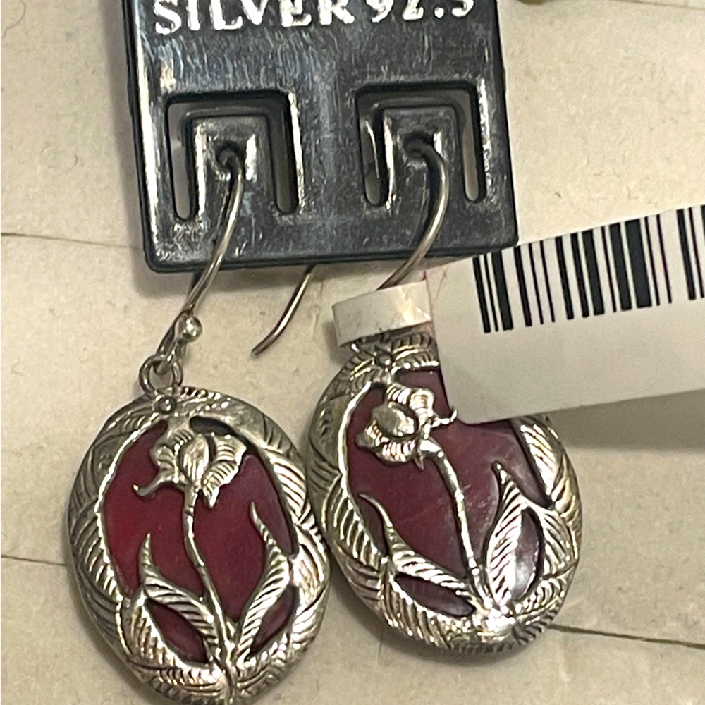 Imported 925 Bali Red Shell Flower Design Dangle Earrings NWT